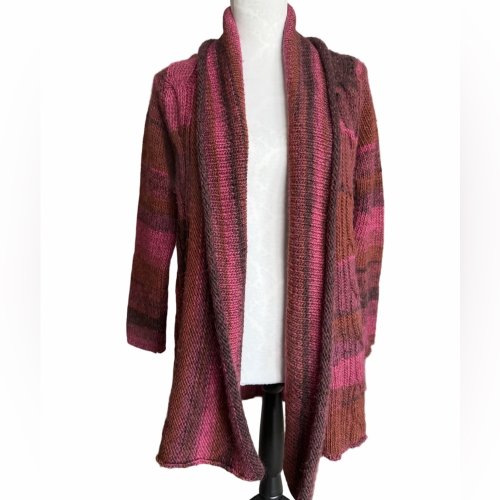 Iperico Open Front Cardigan | Cozy Artisan Sweater | Pink Brown | Wool Blend
